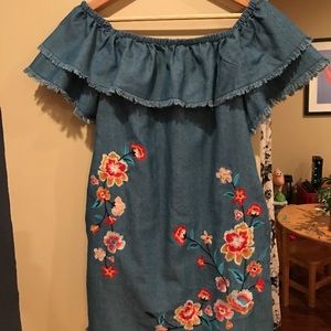 Off the shoulder denim dress with stitched flowers